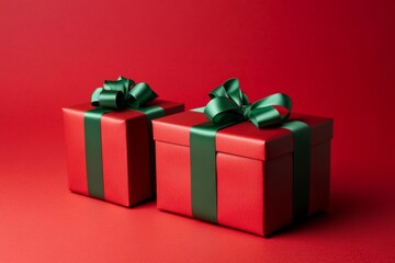 Obraz premium Vertical Christmas presents with green ribbons, festive ornaments on red background, joyful holiday atmosphere, red, green 