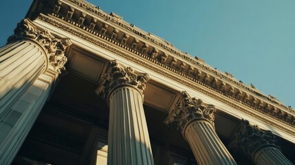 Fototapeta premium Imposing columns of a neoclassical building under a bright blue sky create a striking perspective from below