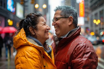 Obraz premium Portrait of a content latino couple in their 40s sporting a waterproof rain jacket while standing against bustling city street background