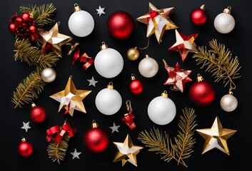 Top view photo of christmas decorations on isolated black background