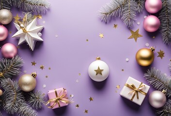 Top view photo of christmas decorations on isolated purple background with empty space