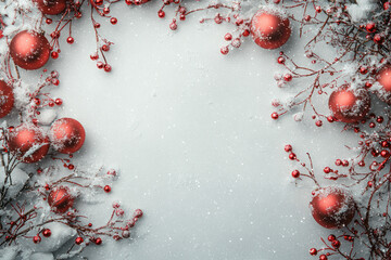 Elegant Christmas Wreath Frame with Red Ornaments and Snowy Blizzard Effect, Perfect for Festive Holiday Decorations and Seasonal Greetings