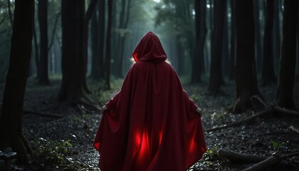 woman in red dress walking in the forest