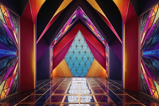 Vibrant Architectural Fantasy Backdrop with Fearless Geometric Design and Textured Interior Environment