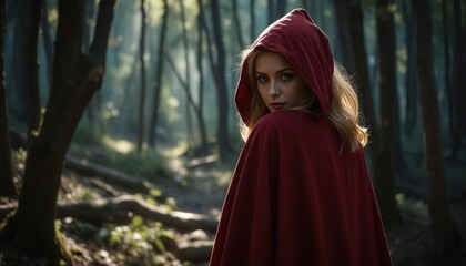 woman in red dress walking in the forest