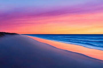 Obraz premium Sunset illuminates the dune beach with vibrant orange, pink, and purple hues under a tranquil sky 