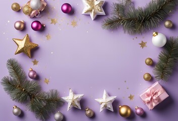Top view photo of christmas decorations on isolated purple background with empty space