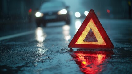 Emergency warning triangle on a rainy road at night with oncoming vehicle headlights in the background