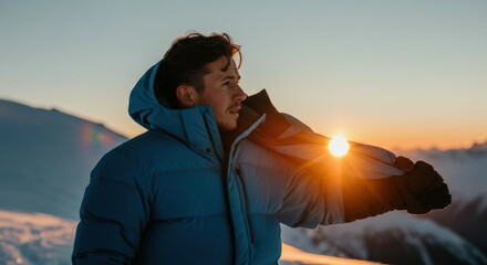 Fototapeta premium Man in Blue Jacket at Sunset in Mountains