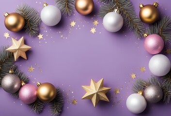 Top view photo of christmas decorations on isolated purple background with empty space