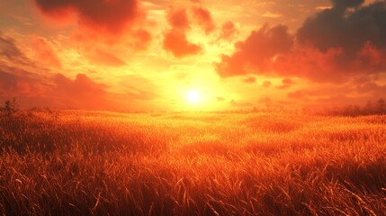 Fototapeta premium Fiery Sunset Over Golden Grassy Field