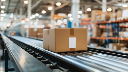 A cardboard box on a conveyor belt in a warehouse, indicating a logistics or shipping process.