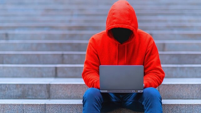 Analyze the techniques of overpayment scams targeting freelancers and small businesses, A hooded figure using a laptop on stairs