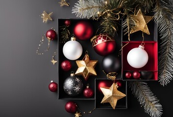 Top view photo of christmas decorations on isolated black background 