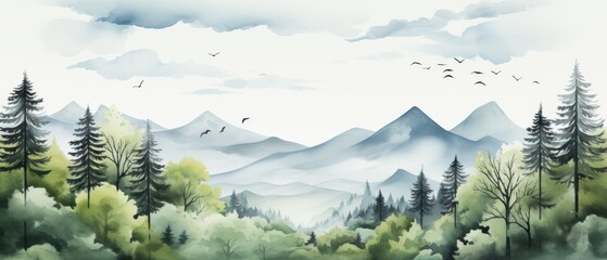 Fototapeta premium Serene World of Nature: Watercolor Forest Landscape in Daylight