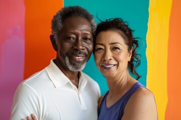 Fototapeta premium Portrait of a tender multiethnic couple in their 50s wearing a breathable golf polo on vibrant yoga studio background