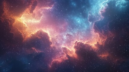 Fototapeta premium A cosmic-themed background with a glowing galaxy in rich hues of indigo, pink, and gold. Nebula clouds swirl around clusters of stars, adding depth and wonder. The scene feels infinite and magical 