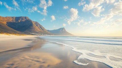 Serene Beach Landscape with Golden Sand, Gentle Waves, and Majestic Mountains Under a Clear Blue Sky at Sunrise on a Beautiful Day