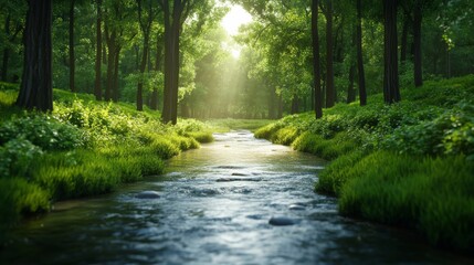 Obraz premium Tranquil forest creek flows gently under warm sunlight, surrounded by lush green and golden hues 