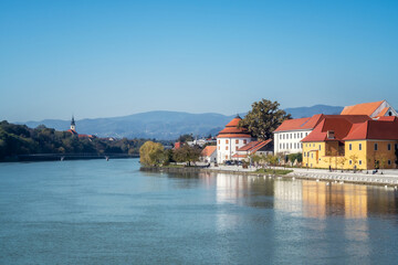 Picturesque view of Maribor city with the beautiful old buildings along Drava river, Slovenia