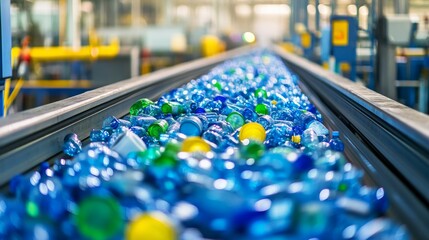 Recycling process with blue bottles on conveyor belt in waste management facility