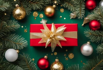  Top view photo of christmas decorations on isolated green background