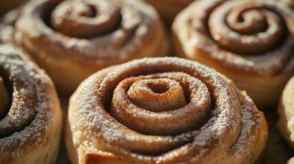 Fototapeta premium A close-up of cinnamon rolls, freshly baked and dusted with sugar on top. The rolls have an elegant spiral shape that resembles the flower-like appearance of chrysanthemums. They rest atop a wooden su
