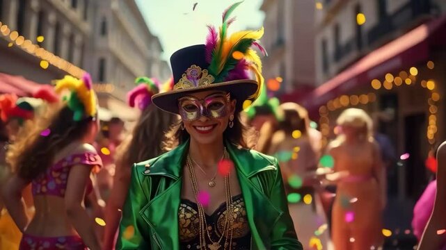 A woman in a green jacket and top hat with feathers, wearing a mask, smiles as confetti falls around her during a Mardi Gras parade. Concept of a celebratory Mardi Gras parade.