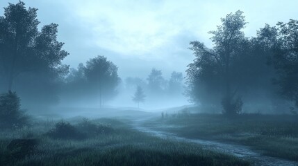 Fototapeta premium Misty River Path Through A Foggy Forest
