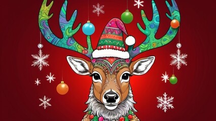 Fototapeta premium A cute drawing of a deer wearing a Santa hat, decorated with colorful ornaments on its antlers.