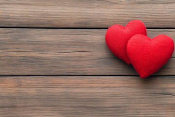 Fototapeta premium Valentine's Day scene featuring two vibrant red hearts on rustic wooden background with warm, earthy tones 