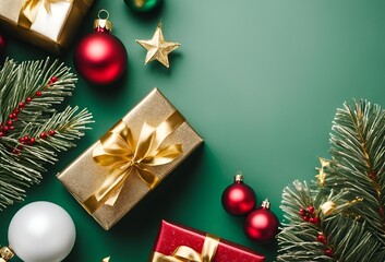 Top view photo of christmas decorations on isolated Emerald green background with empty space