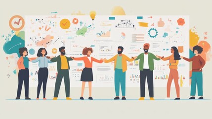 Fototapeta premium A team of different ethnicities stacking hands in front of a large presentation board with strategic plans outlined