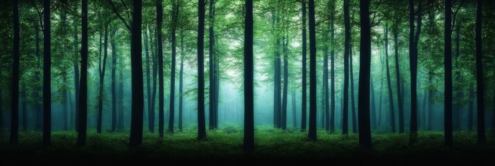 Obraz premium Enchanted night forest scene with ethereal glowing lights in hues of deep green and blue 