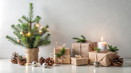A serene and minimalist Christmas setup, showcasing a tabletop pine tree, rustic gift wrapping, and natural accents like pinecones and greenery