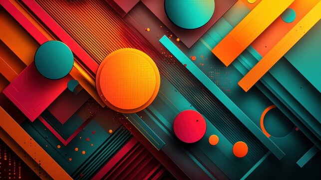 A vibrant abstract background featuring overlapping geometric shapes in bold shades of orange, teal, and magenta. Dynamic patterns create an energetic and modern vibe, ideal for creative visuals 