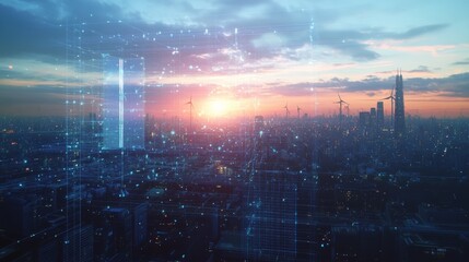 Obraz premium Digital skyline at sunset showcasing wind turbines and urban development
