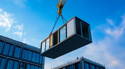Construction site with crane lifting modern container module into position