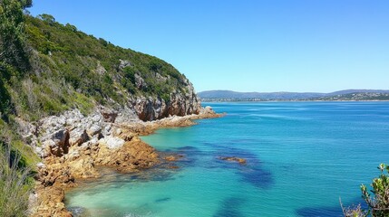 Naklejka premium Rocky shoreline blending into turquoise sea at Knysna Heads Beach, copy space