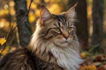 majestic Norwegian forest cat, sits peacefully in a sun-dappled forest on a late autumn afternoon, golden sunlight filters through trees, sense of tranquility, beauty of nature