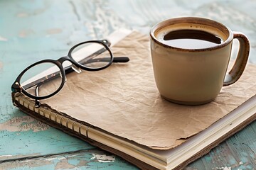 Cup of coffee with book and eyeglasses on wooden table