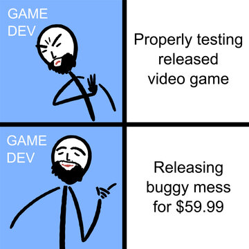 Game development untested video game release problem. Proper gamedev beta testing. Funny meme for social media sharing.