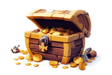 A colorful treasure chest overflowing with gold coins and scattered potion bottles.