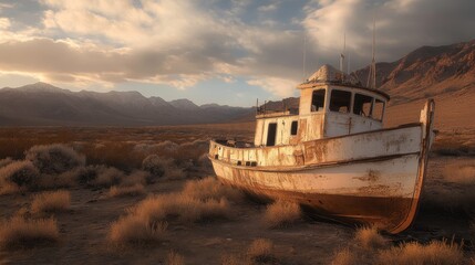 Obraz premium Abandoned Fishing Boat on a Dry Lakebed at Golden Hour