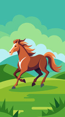 A horse is running through a green field
