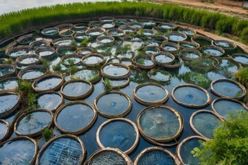 Fototapeta premium fish farm in ocean, aerial view