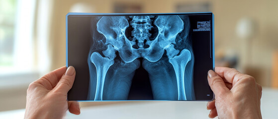 A person examines an X-ray depicting the pelvic and hip bone structure. The setting is a well-lit area, suggesting a medical examination context - Powered by Adobe