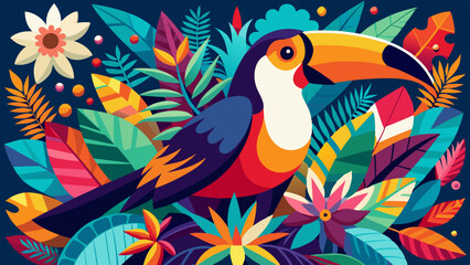A colorful tropical bird is perched on a lush green leafy tree