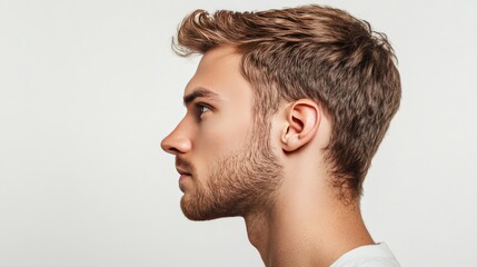 Fototapeta premium Young man in profile view looking left on white background