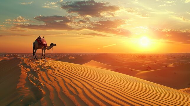 photograph of illustrazione di paesaggio desertico con dune di sabbia e cammello al calar del sole wide angle lens